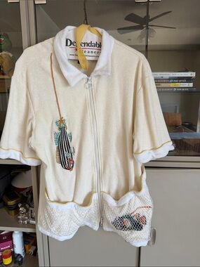 Tombolo Cream Short-Sleeve Terry Zip Polo with Embroidered Fish
